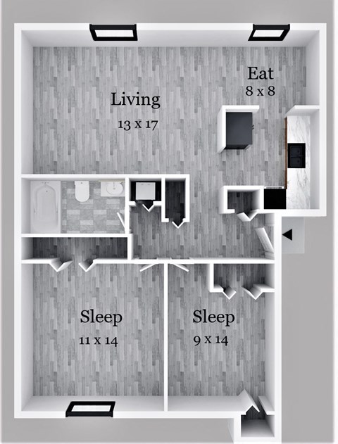 Floor plan for 2 beds, 1 bath, 854 sqft